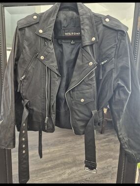 Wilsons Leather Black Women's Moto Leather Jacket with Belt